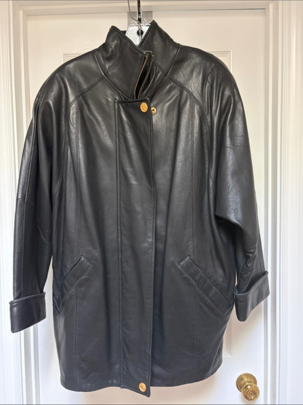 Women's Black Leather Jacket with Stand Collar